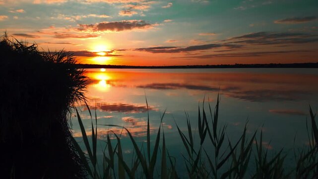 Sunset over lake through reeds silhouette