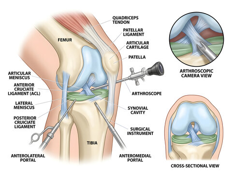 Knee arthroscopy surgery with surgical instruments isolated on white background
