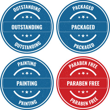 Set of round commercial stamp seals featuring text like outstanding packaged painting and paraben free labels