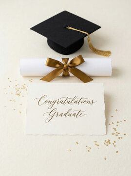 Elegant diploma and black mortarboard with gold ribbon scroll greeting card for congratulations graduate and formal ceremony stationery design