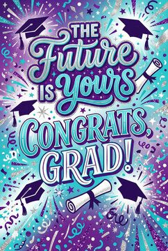 Handlettered graduation card design with "the future is yours" message, mortarboard icons and confetti for congrats grad greeting card background