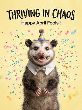 Smiling opossum in party hat greeting card design for april fools' day with confetti background for poster and social media