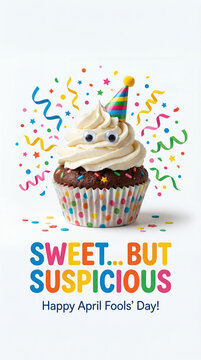 Colorful cupcake with googly eyes and party hat for april fools greeting card design with confetti celebration background and playful typography
