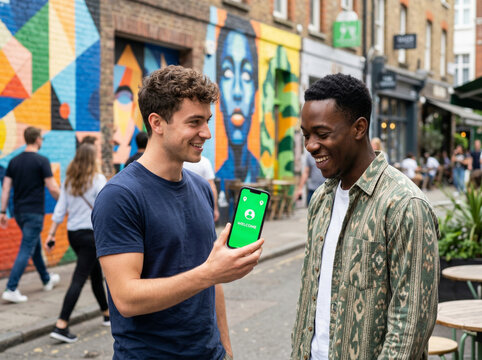 A lively scene capturing two friends, one showcasing a smartphone mockup in a vibrant urban environment filled with colorful murals, emphasizing youth, technology, and friendship