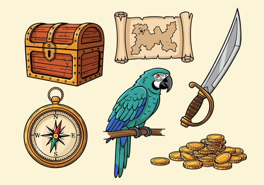 Pirate treasure map parrot sword compass and gold coins