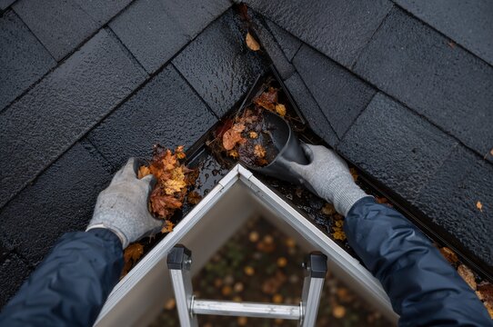 Man on a ladder cleaning a roof gutter full of autumn leaves. Home maintenance and seasonal work concept.