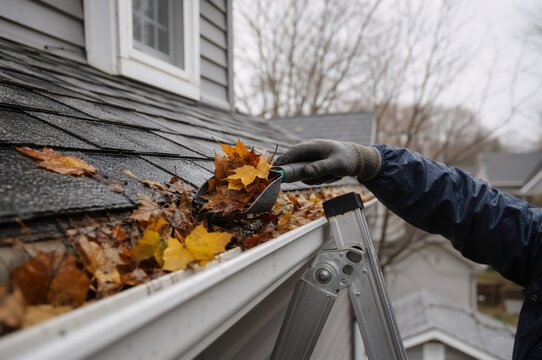 Man's hand cleaning a roof gutter full of autumn leaves. Home maintenance and seasonal work concept.