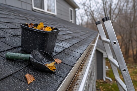 Ladder near the roof. Cleaning a roof gutter full of autumn leaves concept. Home maintenance and seasonal work concept.