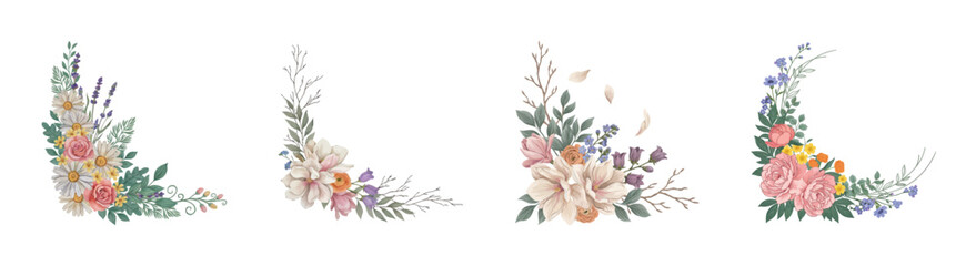 Obraz premium Vintage floral corner arrangements featuring daisies roses and soft garden wildflowers.