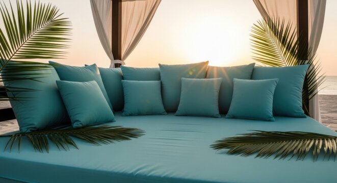 Serene Beachfront Daybed With Teal Cushions At Sunset