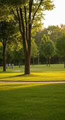Obraz premium Serene Park Landscape During Golden Hour With Lush Green Grass