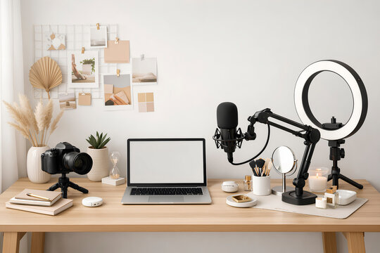 Content creator desk with laptop camera microphone ring light
