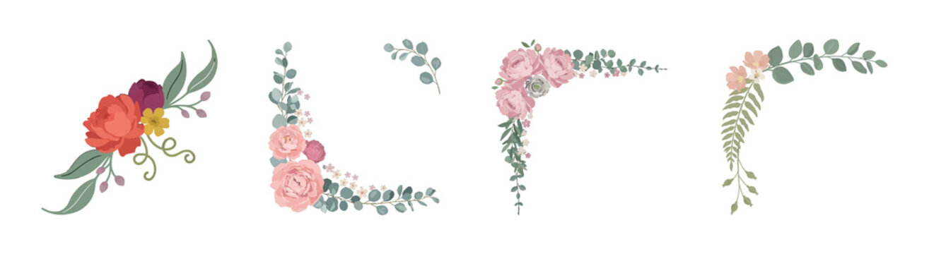 Set of four flower corners with beautiful blooms and green foliage isolated on white backdrop.