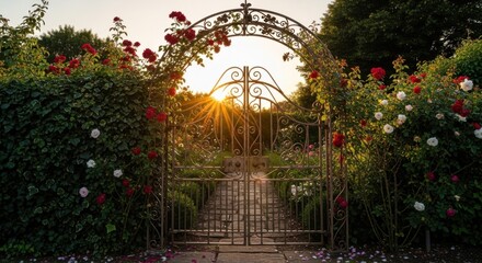 Fototapeta premium Ornate Garden Gate Opens To Breathtaking Sunset Vista