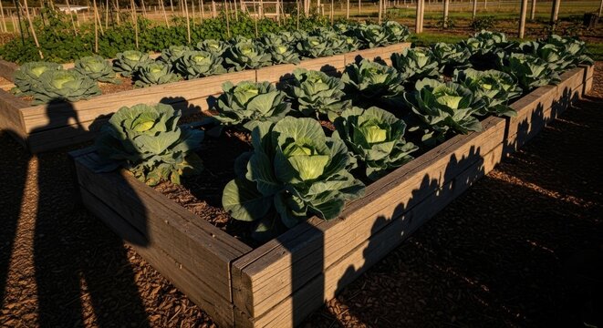 Rows Of Vibrant Cabbage Growing In Wooden Raised Garden Beds Under Natural Sunlight