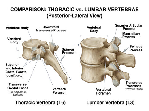 Thoracic and lumbar vertebrae comparison diagram isolated on white background