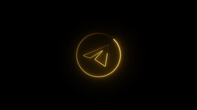 Golden neon Telegram logo icon a minimalist paper airplane symbol in a circle representing communication and messaging on a dark background