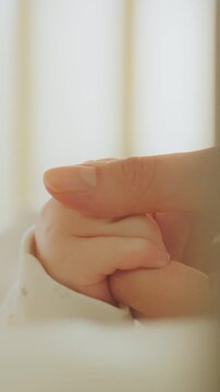 A caregiver gently holds a baby's tiny hand inside a crib, a nurturing bond evident, soft sunlight fills the room in a quiet nursery, creating a calm, comforting atmosphere for infant care