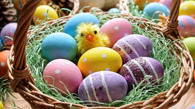 easter eggs in basket with cute chicken