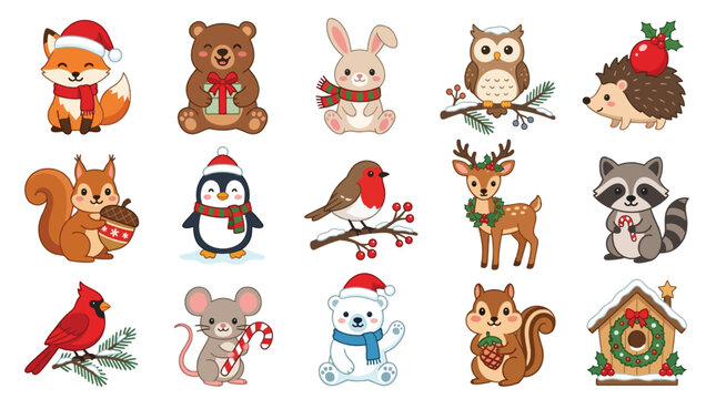 Set of Cute Christmas Character Illustrations Vector Graphics - Hand-Drawn Holiday Animals, Santa, Snowman and Festive Creatures for Seasonal Design and Craft Projects