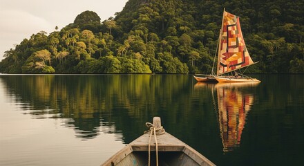 Naklejka premium View from boat bow towards tropical island in calm water