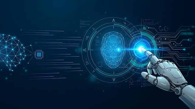 Futuristic robotic hand touching glowing digital network interface with data flow visualization human hand