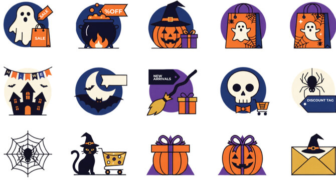 Modern Halloween shopping and seasonal promotion element collection featuring gift, sale, discount and festive graphics vector illustration