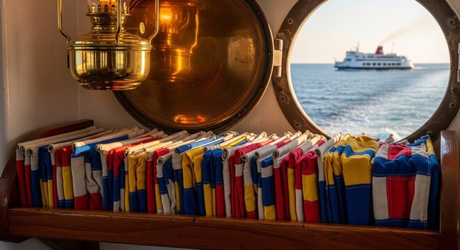 Ship porthole window with nautical brass lamp and flags