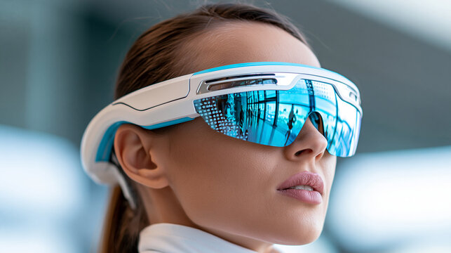 Close-up of woman wearing white smart glasses, modern technology and futuristic vision concept, defocused background, with copy space