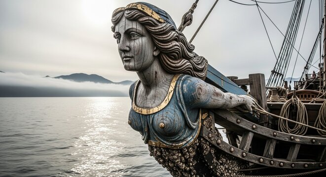 Classic carved wooden woman figurehead on the bow of a ship
