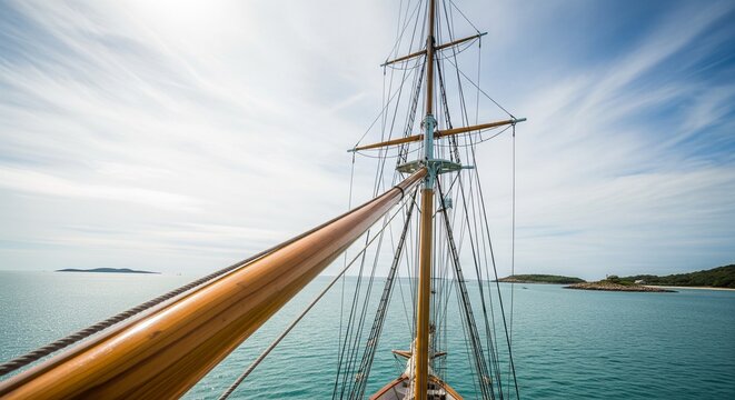 Vertical view of wooden ship mast with steel stay lines and clear sky.