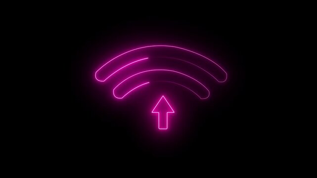 Pink neon wifi signal icon with arrow in dark background