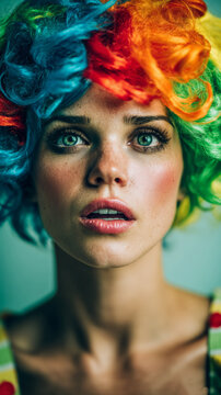 A woman with striking green eyes and vibrant makeup gazes intently, wearing a colorful curly wig in shades of blue, red, orange, and green against a soft-focus teal background