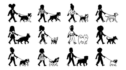 Dog Walking Service Silhouette Vector Set Featuring Owners and Professional Walkers Taking Different Canine Breeds on Leash Strolls in the Park © MdRakib