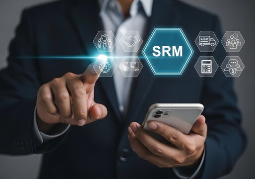 Businessman using a smartphone to manage supplier relationship management or srm system