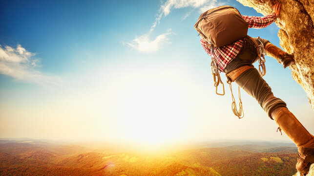 Rock climber ascending cliff with safety gear and harness at sunset for adventure poster and outdoor sports background design