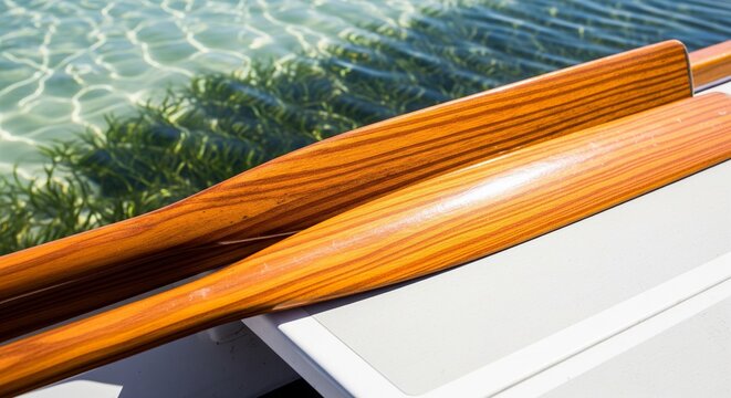 Close-up shot of glossy varnished wooden oars on boat deck