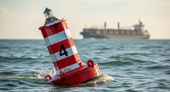 Red navigation buoy number 4 floating in ocean water with ship in background