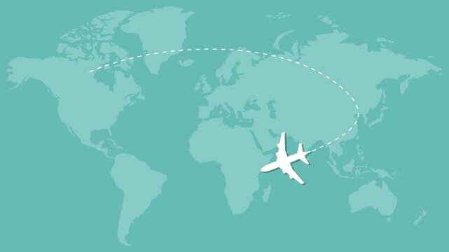 White airplane flying across world map background creating dynamic travel paths in motion video animation clip