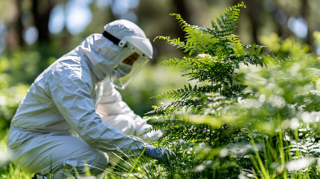 Faceless public health researcher in full white protective suit and face shield crouching in lush green forest collecting environmental sample, defocused nature background, with