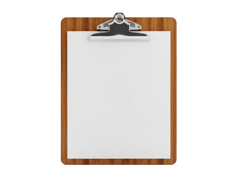 Wooden clipboard with a blank white paper sheet for notes and documents isolated on transparent background