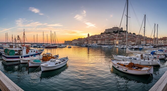 Sunset over coastal harbor town with moored boats and calm water