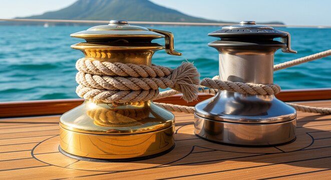 Close up of boat winch wrapped with nautical rope on sailboat deck