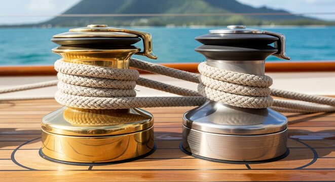 Golden brass sailboat winches wrapped with ropes on wooden deck
