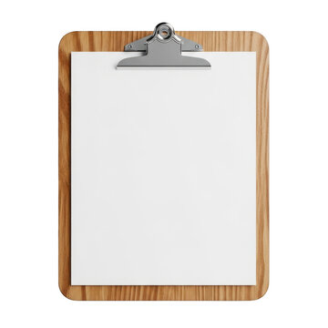 Wooden clipboard with a blank white paper sheet for notes and documents isolated on transparent background