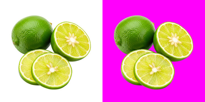 Fresh green kaffir lime fruits and sliced pieces isolated on a vibrant bright pink background