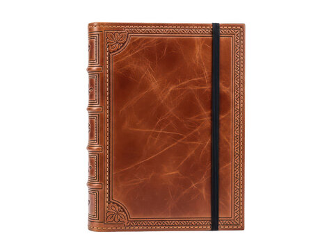 Vintage brown leather journal with elastic band isolated on transparent background