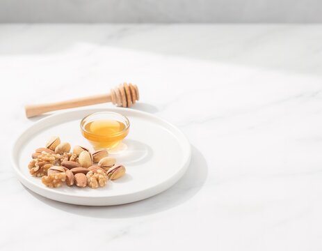 Golden honey glows in a glass bowl