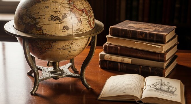 Antique globe with stacked old books in warm light