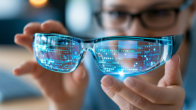 Close-up of hands using smart glasses to interact with holographic digital interface in high-tech environment, defocused background, with copy space